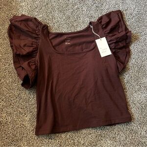 NWT A New Day Brown/Maroon Puff Sleeve Top
